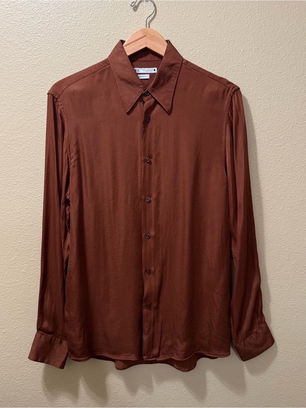 Women’s Large ZARA Brown Silky Viscose Regular Fit Long Sleeve Button Up Shirt